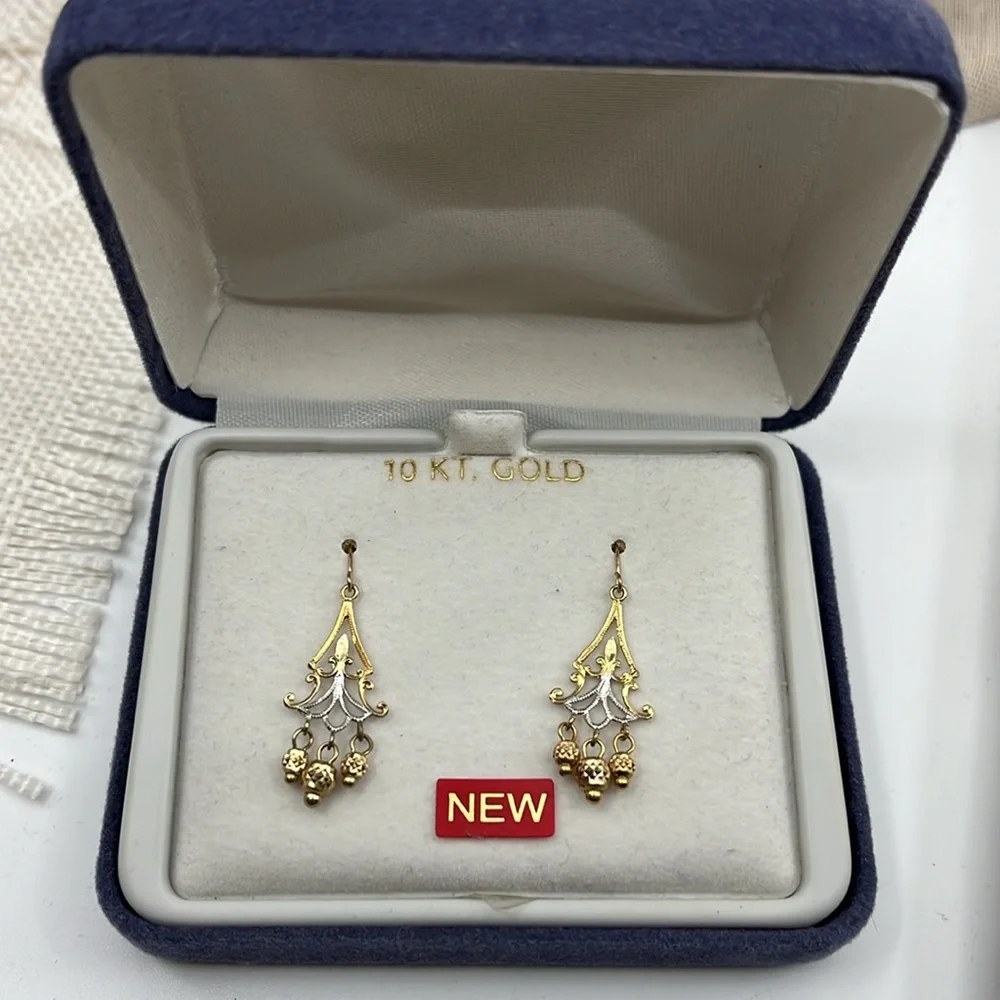 Vintage White & Yellow 10K Gold Chandelier Earrings - Picture 7 of 9